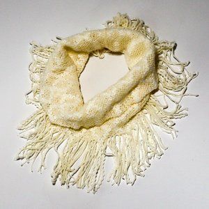 Vintage Boho Fringe Infinity Scarf Geometric Open Weave Ivory Funnel Scarf Cozy